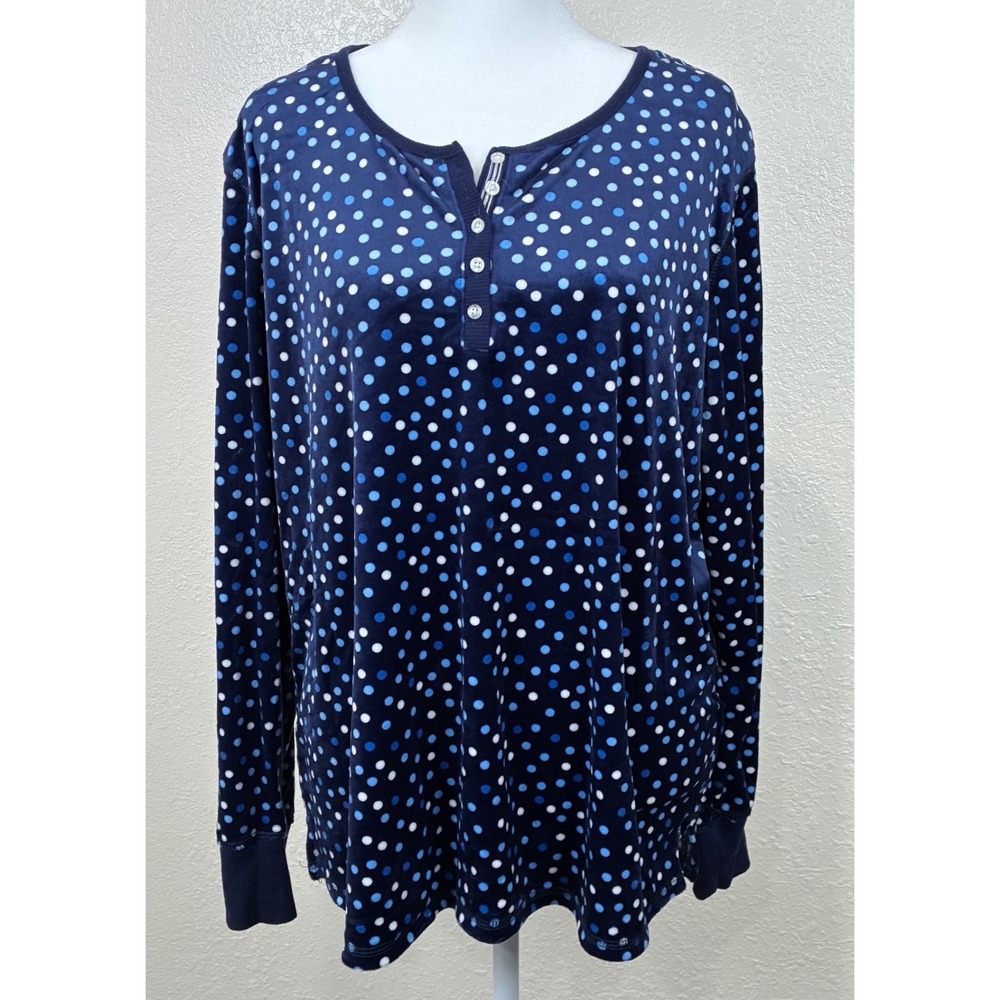 Nautica Womens XL Navy Blue Polka Dot Velour Henley Pajama Top (top only)